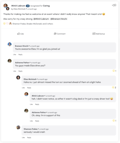 Screenshot of a coworker shoutout using the Build Then Bless platform